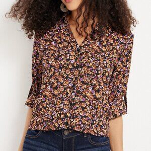 MAURICES Winona Ditsy Floral Button Down Blouse Black Brown Purple Long Sleeve M